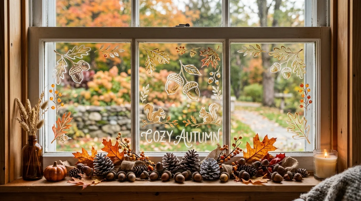 Fall Window With Acorns and Pinecones