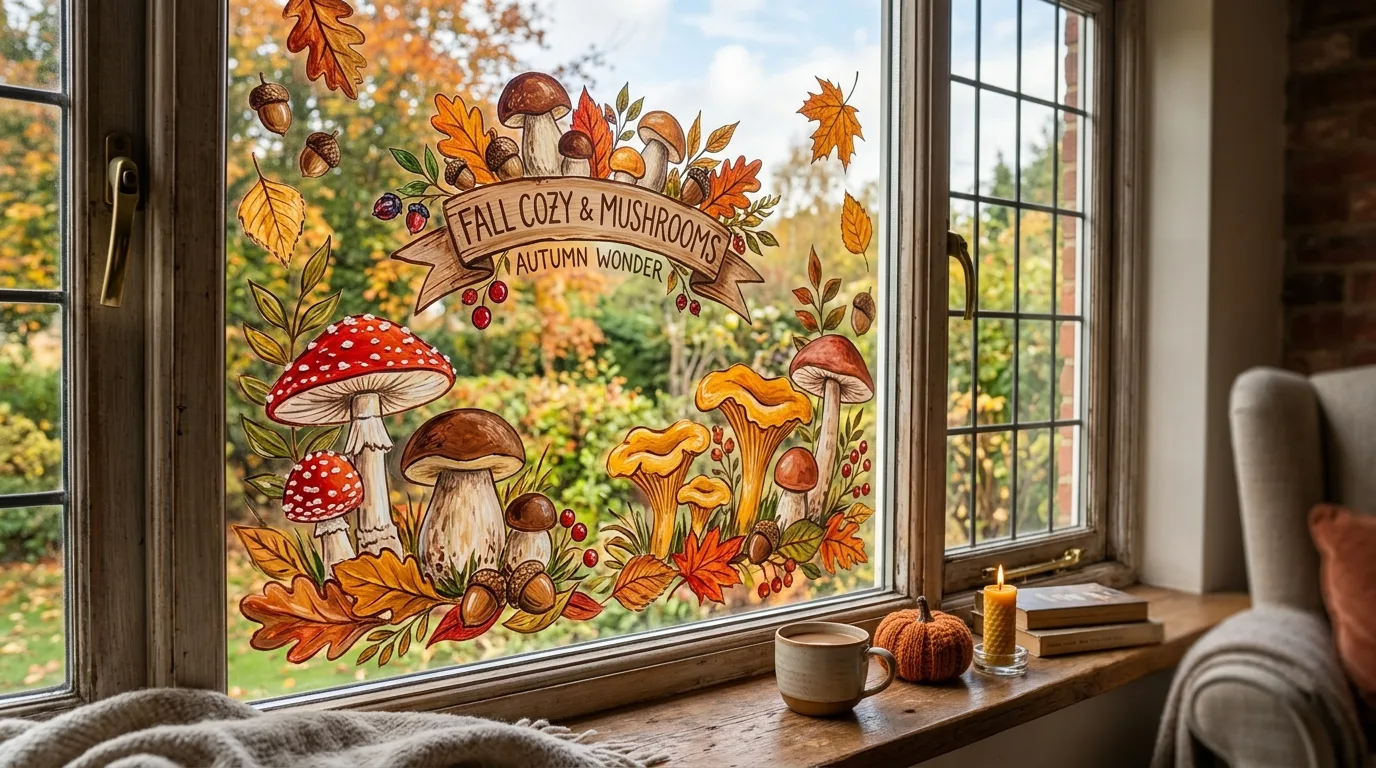 Fall Window Painting With Mushrooms