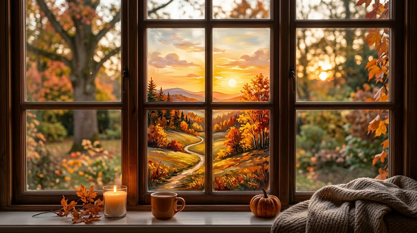 Golden Sunset Fall Window Painting